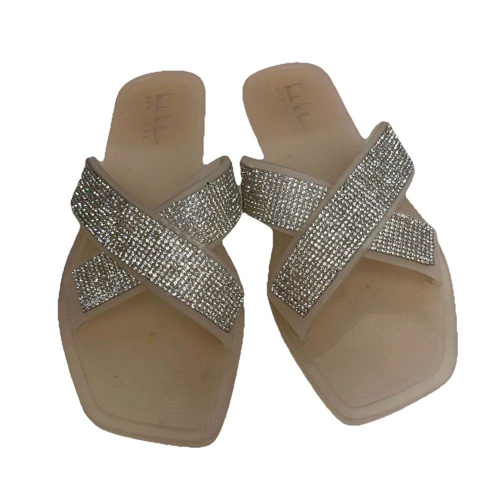 Nicole Miller Women's Silver Rhinestone Slide Sandals 8 Y2K Bling Boho Party